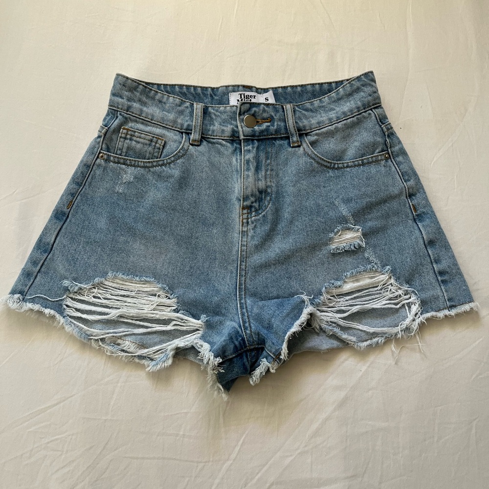 Tiger Mist Blue Distressed Jean Shorts